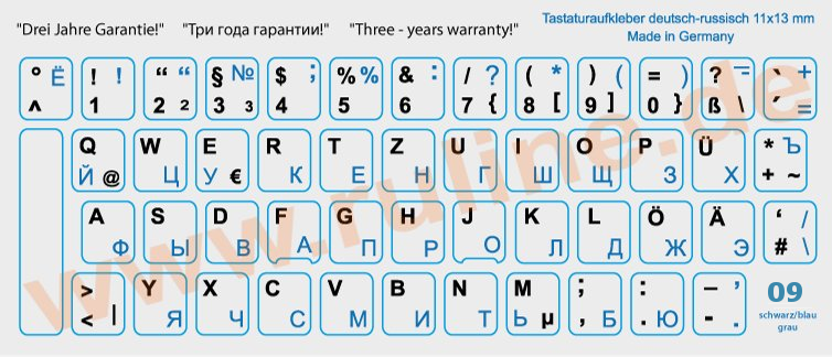 Laminated keyboard-Stickers with German/Russian letters, Blue on Gray
