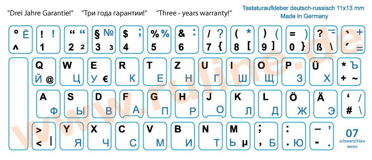 Laminated keyboard-Stickers with German/Russian letters, Blue on White