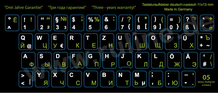 Laminated keyboard-Stickers with German/Russian letters, Bright-green on black
