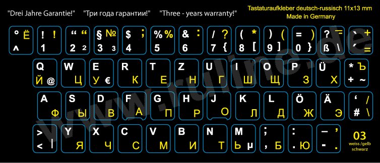 Laminated keyboard-Stickers with German/Russian letters, Yellow on black